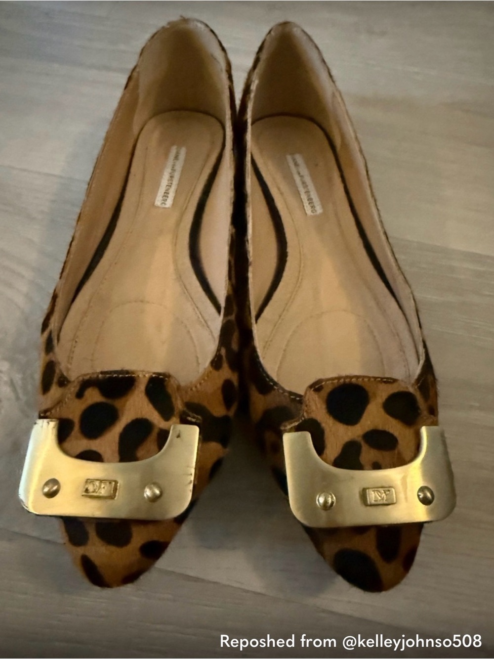 Diane Von Furstenberg Pony Hair Leopard Print Ballet Flats with Gold Buckle